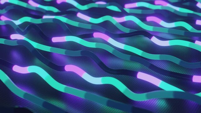 Seamless 4k loop of abstract geometric wave flow. Digital futuristic system made of volumetric wavy light conduits and glowing impulses over textured metal grid, creating high technology background.