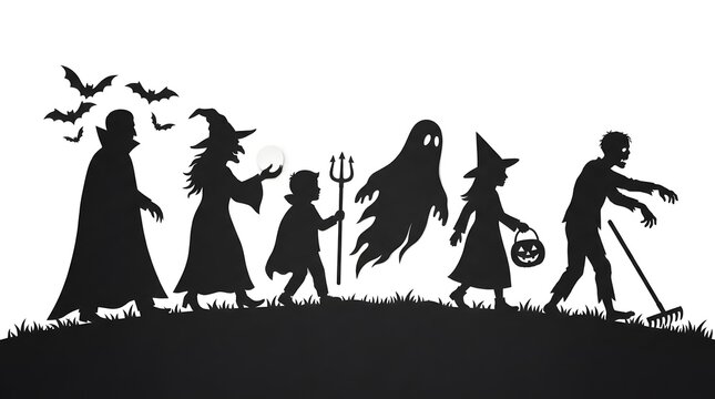 A spooky halloween background featuring silhouettes of children in costumes including a witch a ghost and a vampire walking together on a dark night scene