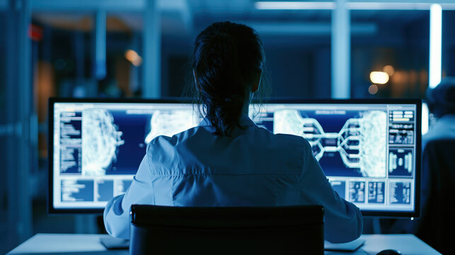 Female scientist working at dual monitor in dark laboratory, focused on artificial intelligence data analysis