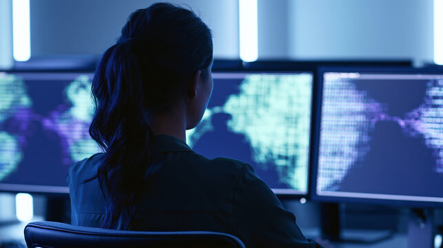 Female engineer at dual monitor computer workstation, blue light, back view, technology office