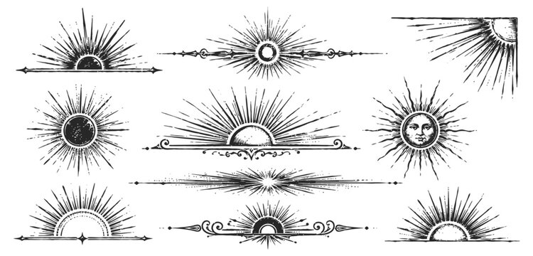 Vintage sunburst collection with ornamental rays and celestial design elements