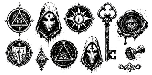 Obraz premium Dark occult symbols and mystical elements set with plague doctor masks, keys, eyes, and esoteric icons