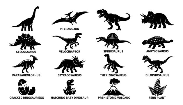 Dinosaur Silhouettes Collection Featuring Various Prehistoric Species and Related Elements in Black Vector Illustration Style