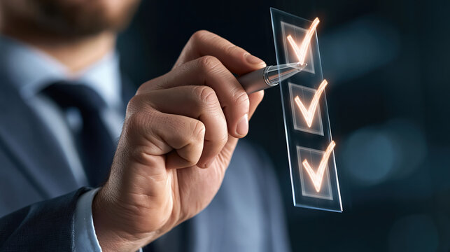 Hand marking checklist on transparent panel with glowing checkmark icons, business process approval