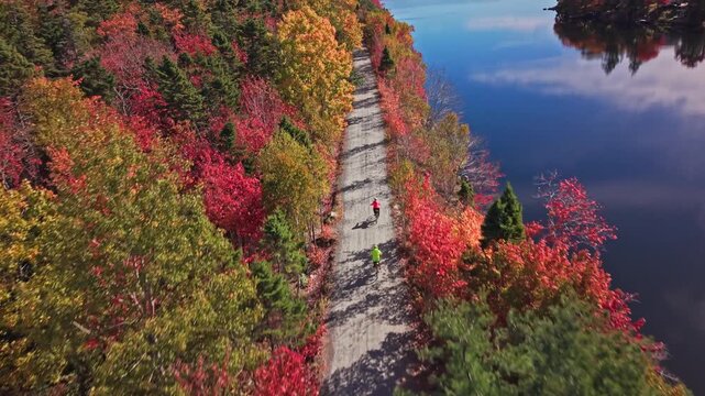 Cyclists ride along a dirt trail by a lake in Halifax, Nova Scotia in fall