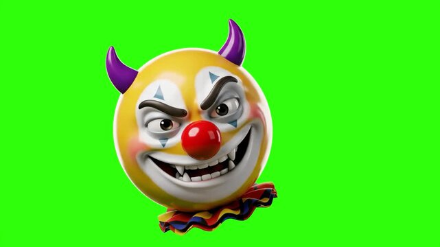 Creepy yellow 3D clown emoji face featuring purple horns, makeup, red nose, and an evil sinister grin on a bright green screen keying background. Perfect for Halloween promos, horror-comedy videos, sp
