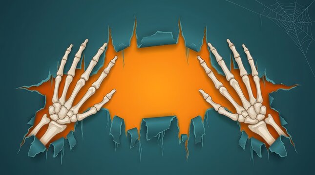 A spooky halloween background featuring two realistic human skeleton hands emerging from a torn paper effect on a dark teal surface with a bright orange