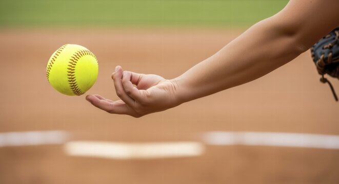 Close-up of a softball pitcher's arm and hand in motion, with the yellow ball hovering just above the palm before an underhand pitch, AI generated