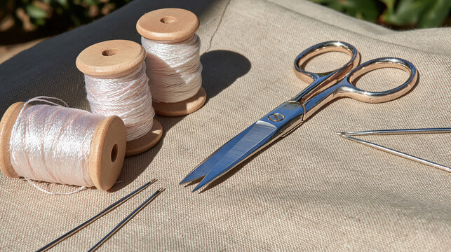 Wooden spool thread spool embroidery thread sewing tool scissors needle flat lay craft supply textile handmade beige fabric metal tool wooden