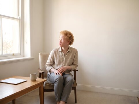 African Person with Albinism Sitting by Window at Home