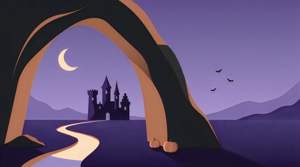 Naklejka premium Mystical castle under large archway with moonlit path and pumpkins
