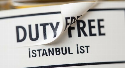 Fototapeta premium A close-up of a duty-free label with peeling paper, displaying black and white text, AI generated