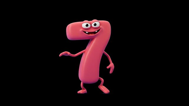 A detailed 3D model of the pink number seven designed as a funny animated character pointing and presenting, isolated against a solid dark black studio backdrop. Perfect for math learning modules, bir