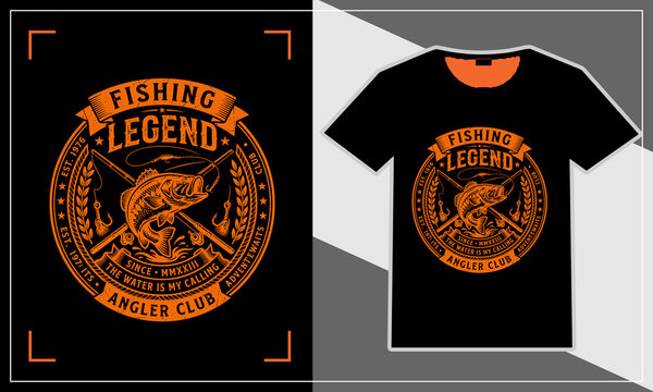 Black t-shirt with fishing legend angler club embroidered graphic design