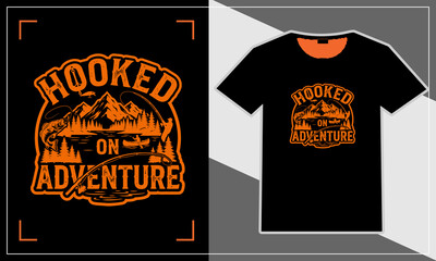 Black t-shirt with orange hooked on adventure vintage fishing graphic design © MdGolam