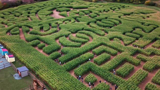 Explore a corn maze from above in New Scotland, Canada during fall