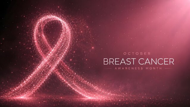 Glowing pink awareness ribbon symbol representing breast cancer support and advocacy on a dark abstract background with light particles