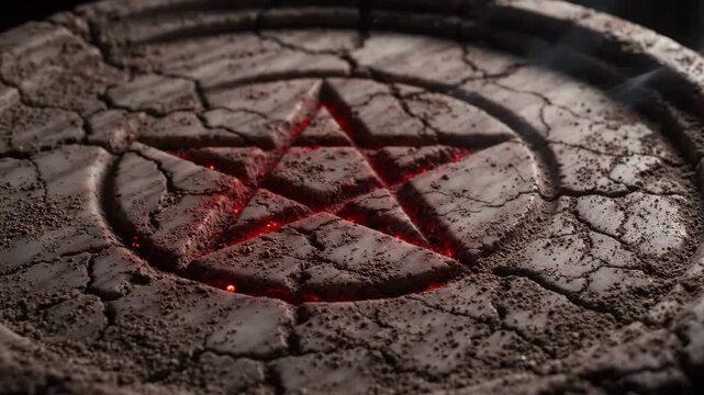 Cinematic 4K Slow Motion of a Glowing Red Pentagram Carved in Cracked Earth with Rising Smoke and Eerie Occult Lighting