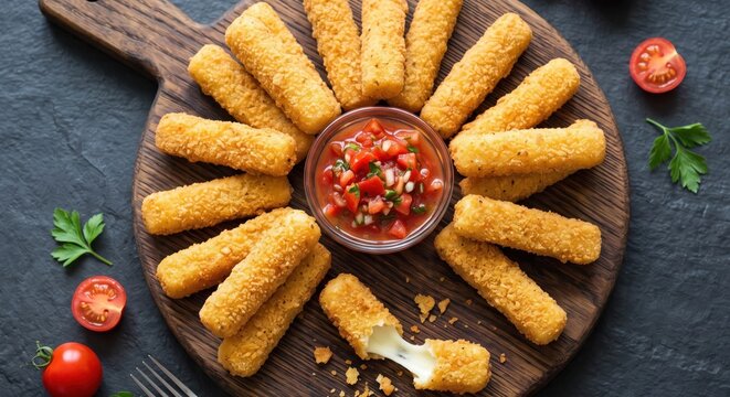 Crispy Golden Mozzarella Cheese Sticks Served with Fresh Tomato Salsa Dip on Wooden Cutting Board Gourmet Appetizer for Social Gathering and Party