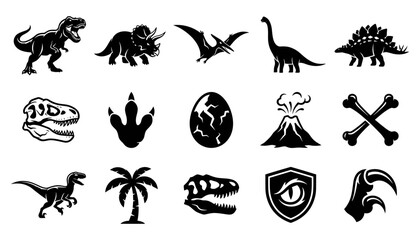 Dinosaurs and Prehistoric Elements Vector Icons Set Including Various Species, Volcano, Bones, and Palm Tree © Karima Khatun 