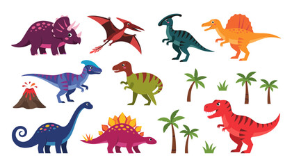 Dinosaurs Vector Illustration Set Featuring Various Colorful Prehistoric Species in a Cartoon Style with Volcano and Palm Trees © Karima Khatun 