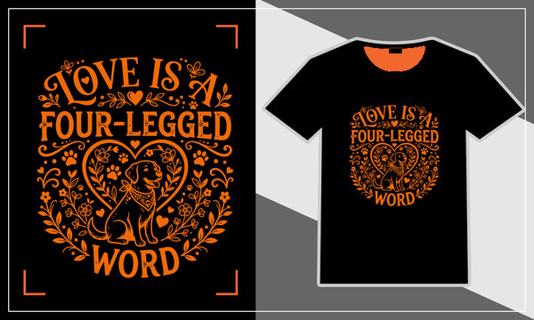 Black t-shirt with love is a four-legged word dog and paw illustration design