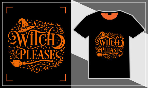 Black t-shirt with witch please orange vintage style embroidery design