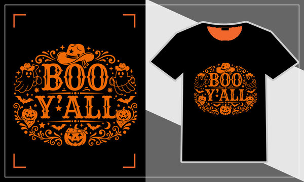 Black halloween t-shirt with orange boo y'all graphic design and pumpkins