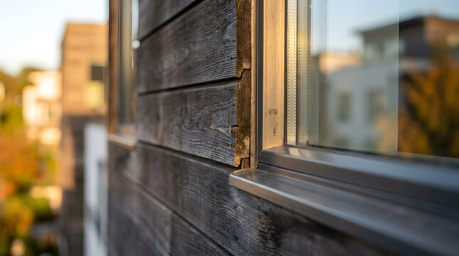 Wood siding window frame exterior wall modern house residential building sunlight Closeup exterior wall with wood siding and window frame modern house, warm sunlight and shallow depth of field