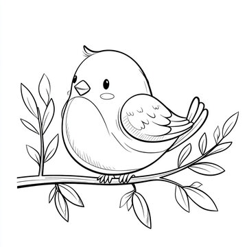 A simple black and white line art illustration of a cute bird perched on a leafy branch, designed as a minimalistic coloring page for children.