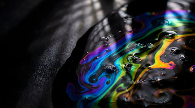 Abstract macro colorful swirl oil film water droplet iridescent dark background Abstract macro photo featuring colorful swirl oil film with water droplet and iridescent rainbow reflection dark
