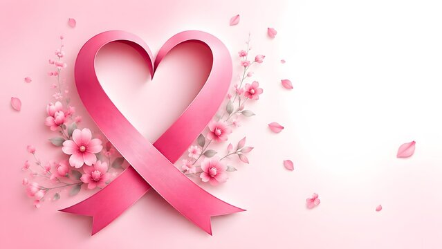 Pink ribbon shaped like a heart with delicate floral accents on a soft pink background representing hope