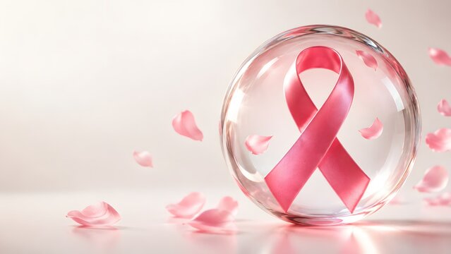 Pink ribbon inside a glass sphere with scattered petals symbolizing hope for breast cancer awareness and research