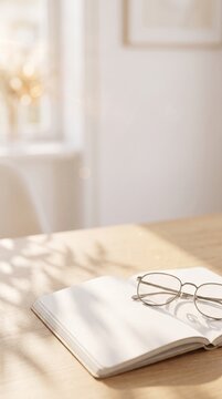 Modern workspace productivity and goal planning visual: clean top-angle view of a blank journal and reading glasses bathed in soft morning daylight.