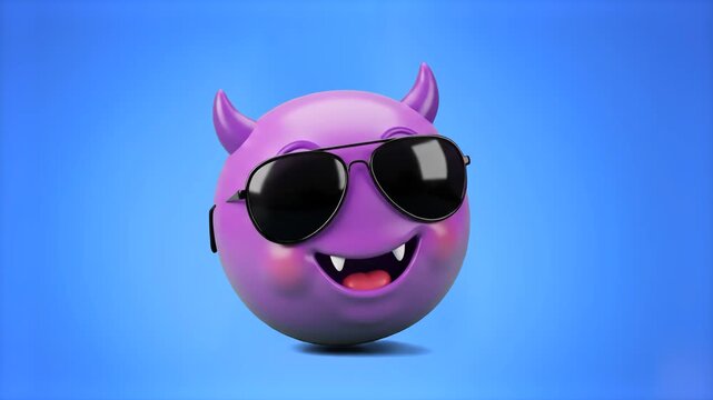 A detailed 3D model of a cute purple devil emoji character wearing dark aviator sunglasses and grinning mischievously, isolated against a solid blue studio backdrop. Ideal for gaming channel promos, p
