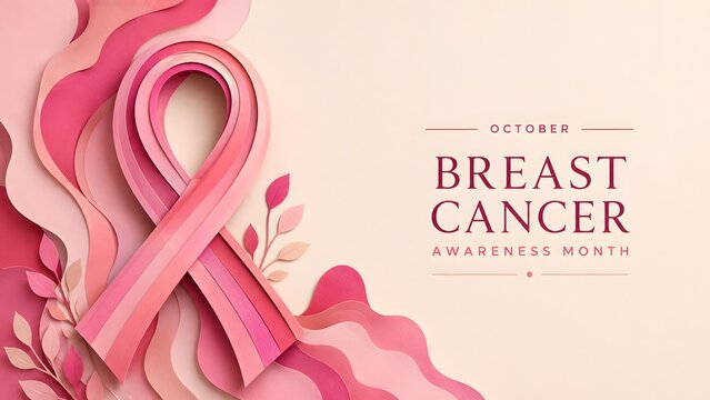 A beautiful elegant pink ribbon represents breast cancer awareness set against a gentle soft background with supportive text