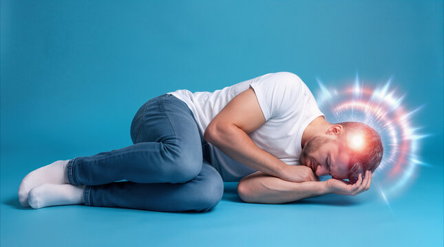 Migraine sufferer lying in fetal position on blue background. Man experiencing intense cluster headache with glowing pain visualization around head.
