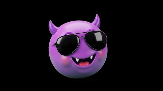 Trendy purple 3D devil character with horns wearing black sunglasses smiling confidently on a dark black background. Excellent for high-contrast social media stickers, night party promos, edgy motion 