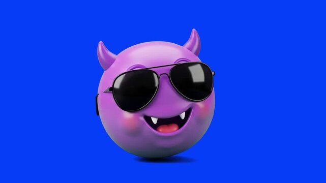 Stylish purple 3D devil emoji with horns wearing black sunglasses and smirking against a solid blue screen background. Great for cool reaction stickers, edgy social media promos, party visuals, and ke