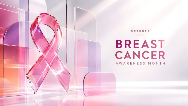 A delicate pink ribbon represents breast cancer awareness against a blurred soft abstract backdrop with supporting text