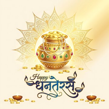 Happy dhanteras greeting background with golden kalash pot, coins and diya