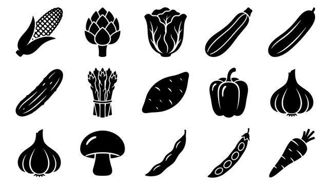 Collection of various vegetables icons in black silhouette on transparent background.