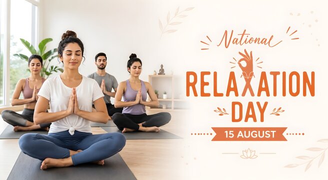 Banner for National Relaxation Day with meditating young people