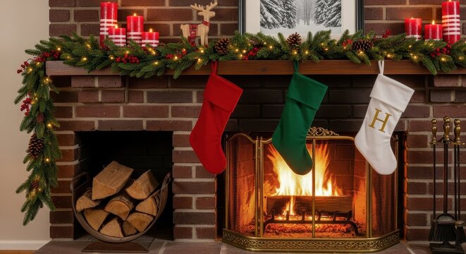 Cozy Christmas fireplace with stockings and decorations.