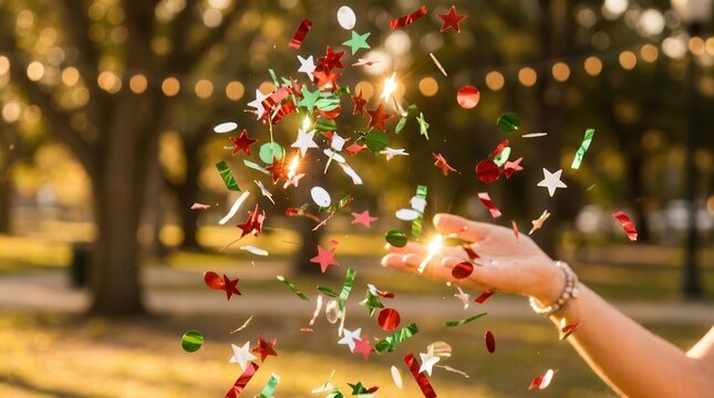Hand throw confetti at outdoor park party