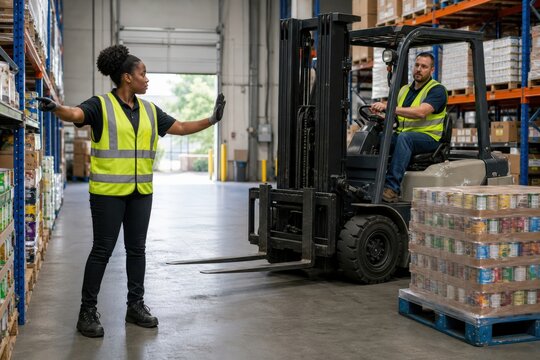 Food Bank Warehouse Logistics Forklift Spotter Guides Safe Turn