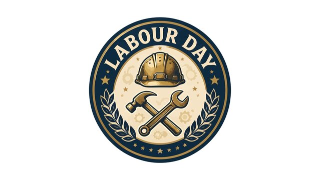 Circular Labor Day logo featuring a gold hard hat, hammer, and wrench against a cream background with a dark blue border.