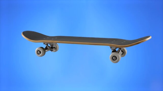 A sharp 3D rendering of a modern wooden skateboard deck with black grip tape and white polyurethane wheels, isolated on a solid blue backdrop. Great for street sports culture, skateboarding apparel ad