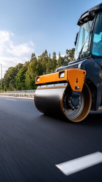 Close up view of a road roller compacting new asphalt on a highway under a bright blue sky with steam rising from the surface