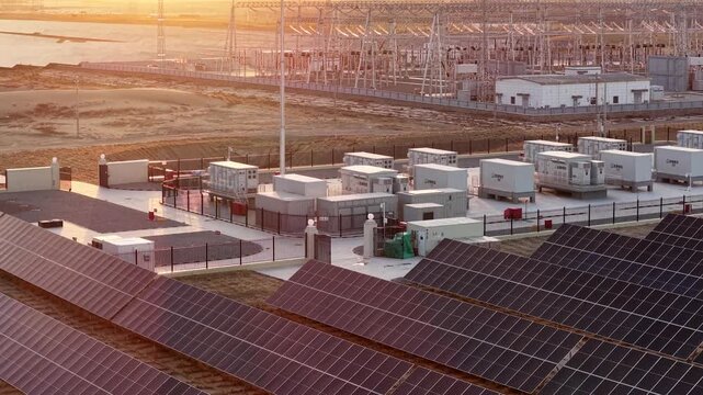 Aerial View of Utility-Scale Solar Farm with Battery Energy Storage System in Arid Desert